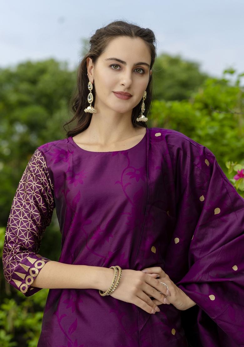 Purple Woven Cotton Blend Salwar Kameez With Dupatta