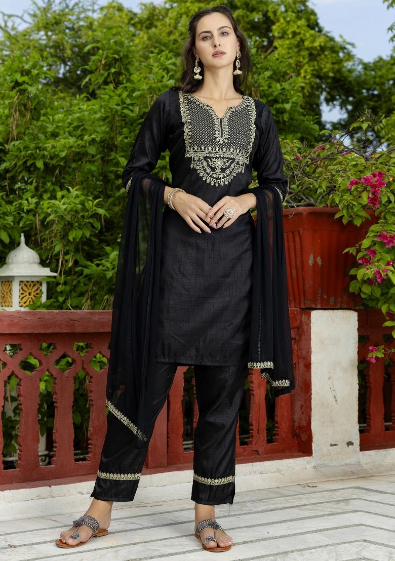 Black Embroidered Silk Blend Salwar Kameez With Dupatta