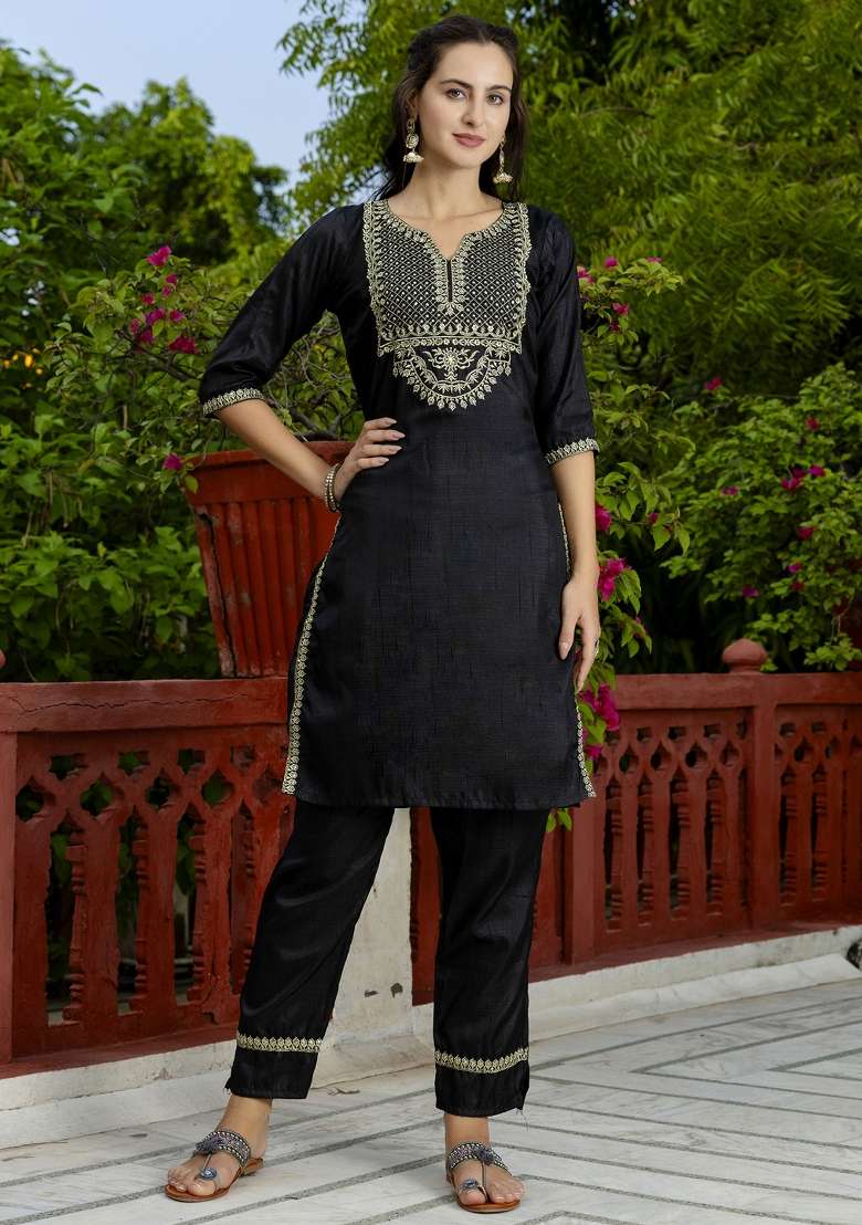 Black Embroidered Silk Blend Straight Kurta Set - Indya