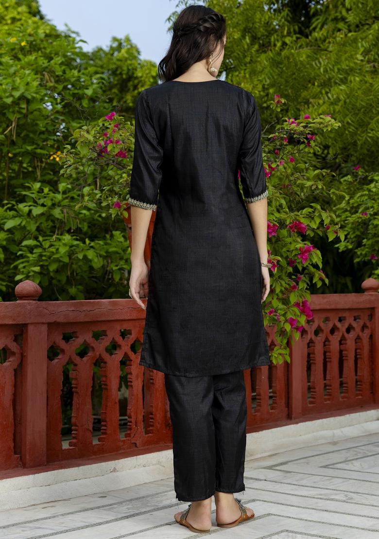 Black Embroidered Silk Blend Salwar Kameez With Dupatta