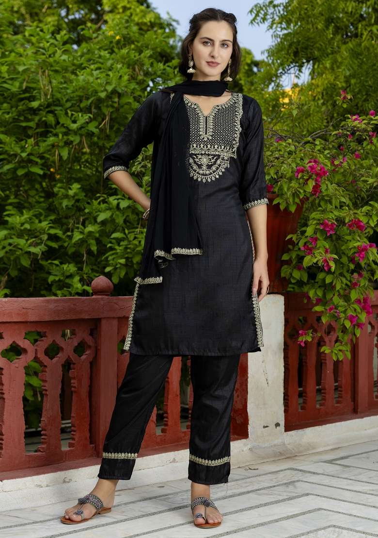 Black Embroidered Silk Blend Straight Kurta Set - Indya