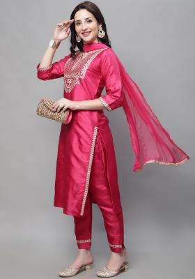 Pink Embroidered Silk Blend Salwar Kameez With Dupatta