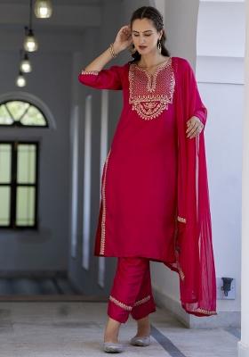Pink Embroidered Silk Blend Salwar Kameez With Dupatta