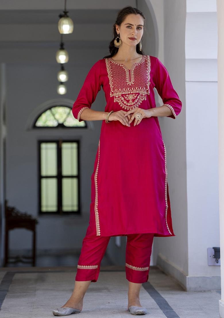 Pink Embroidered Silk Blend Salwar Kameez With Dupatta