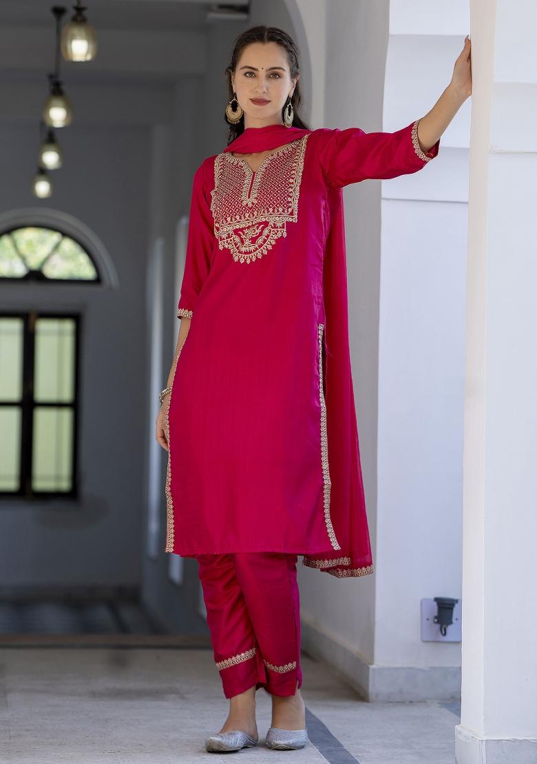 Pink Embroidered Silk Blend Salwar Kameez With Dupatta