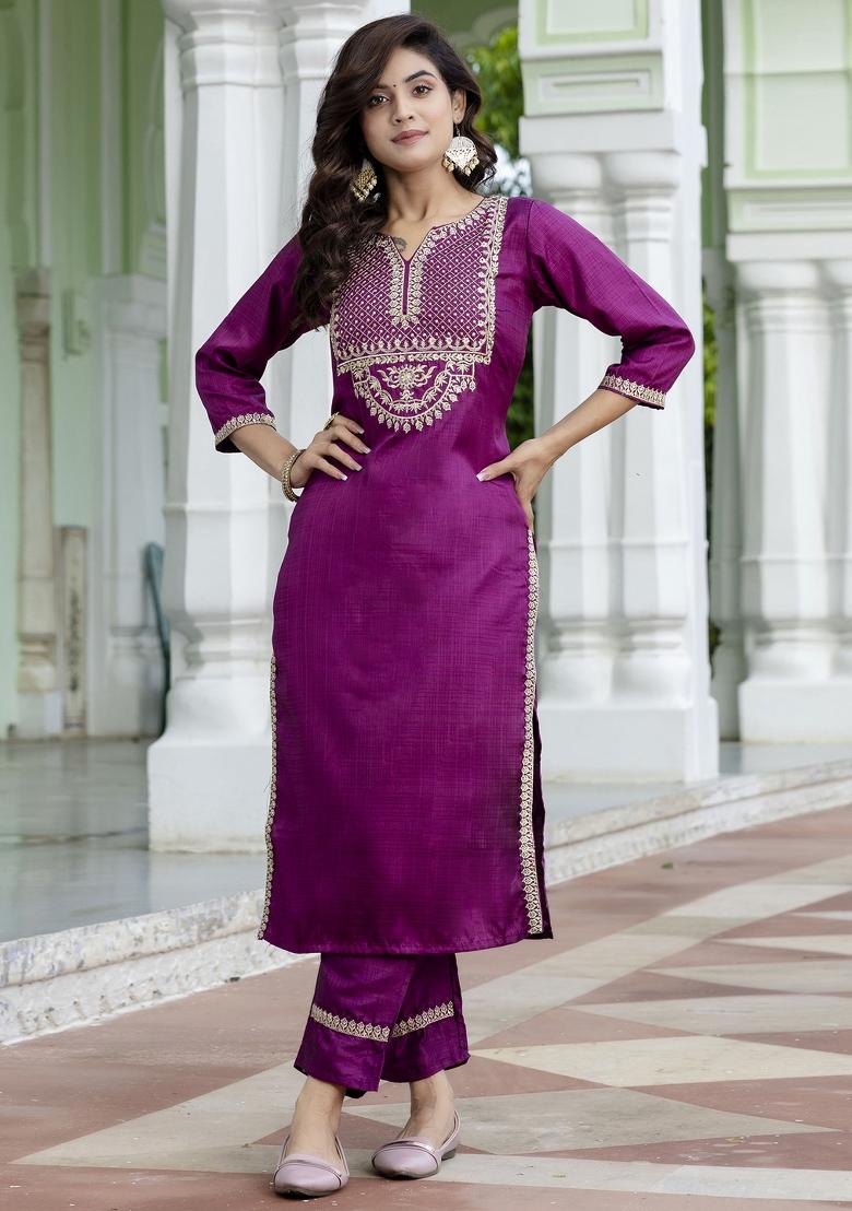 Purple Embroidered Silk Blend Salwar Kameez With Dupatta