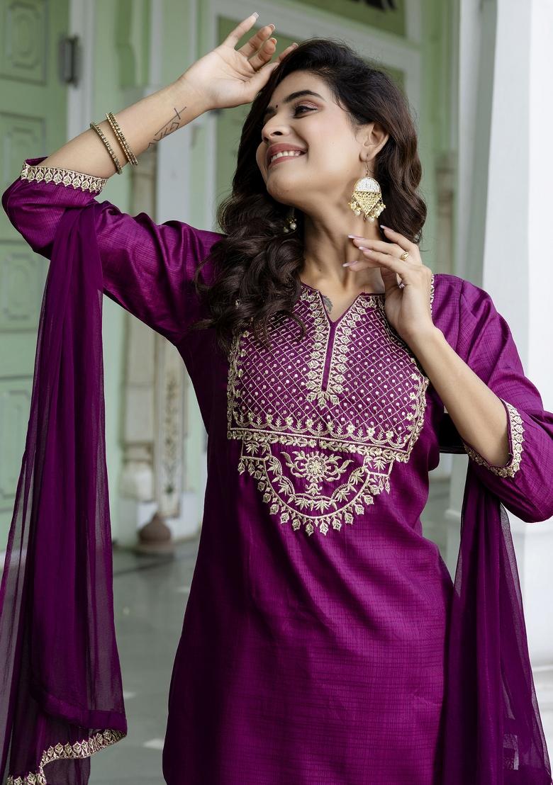 Purple Embroidered Silk Blend Salwar Kameez With Dupatta