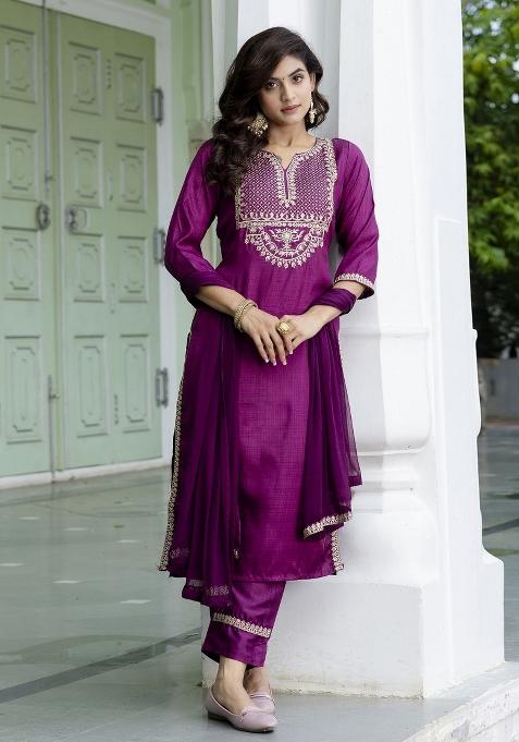 Purple Embroidered Silk Pakistani Suit Set