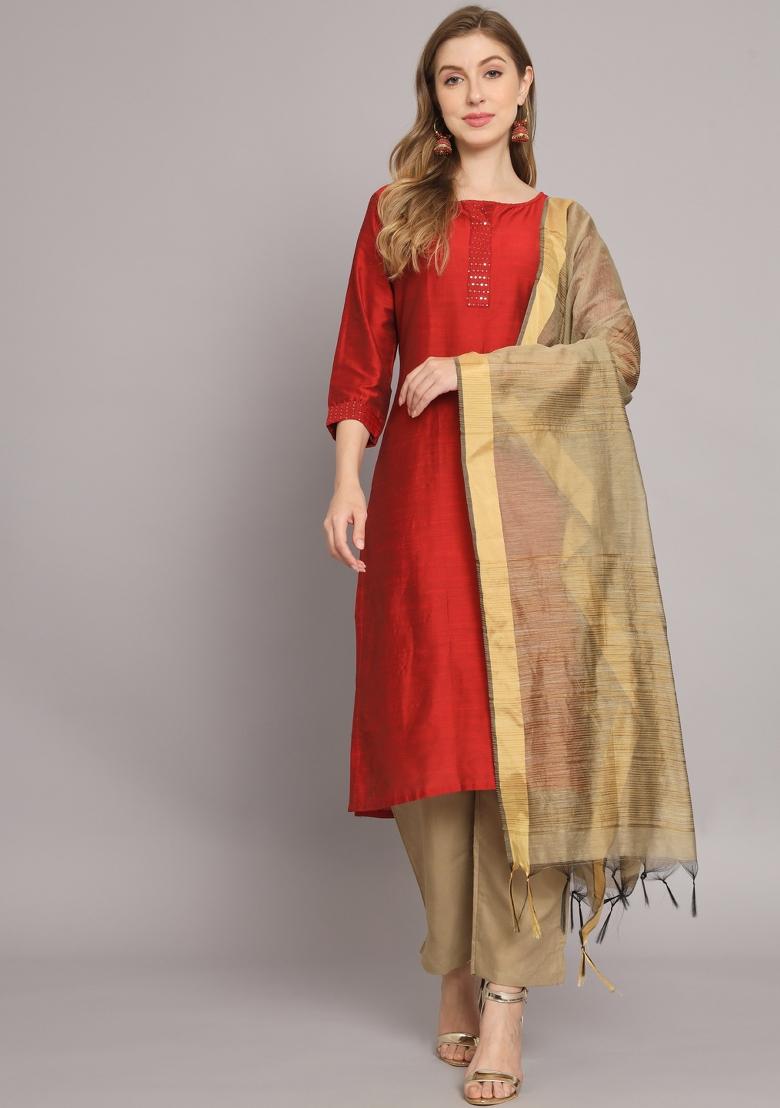 Maroon Embroidered Chanderi Salwar Kameez With Dupatta