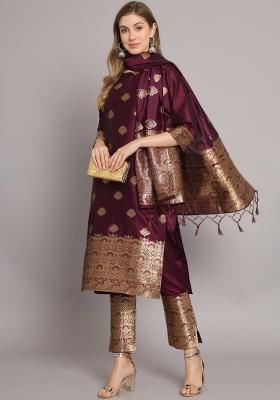 Purple Woven Cotton Blend Salwar Kameez With Dupatta