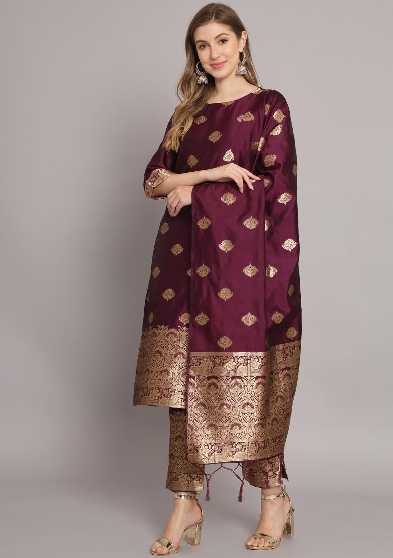 Purple Woven Cotton Blend Salwar Kameez With Dupatta