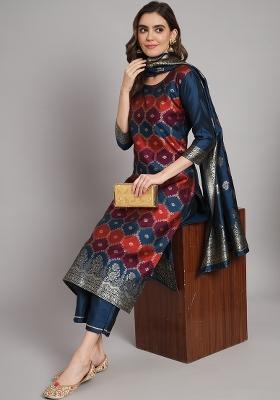 Blue Woven Cotton Blend Salwar Kameez With Dupatta