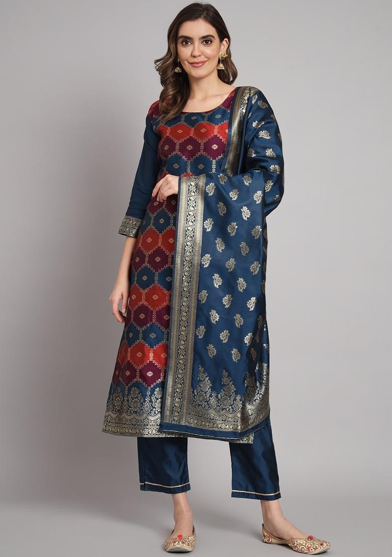 Blue Woven Cotton Blend Salwar Kameez With Dupatta