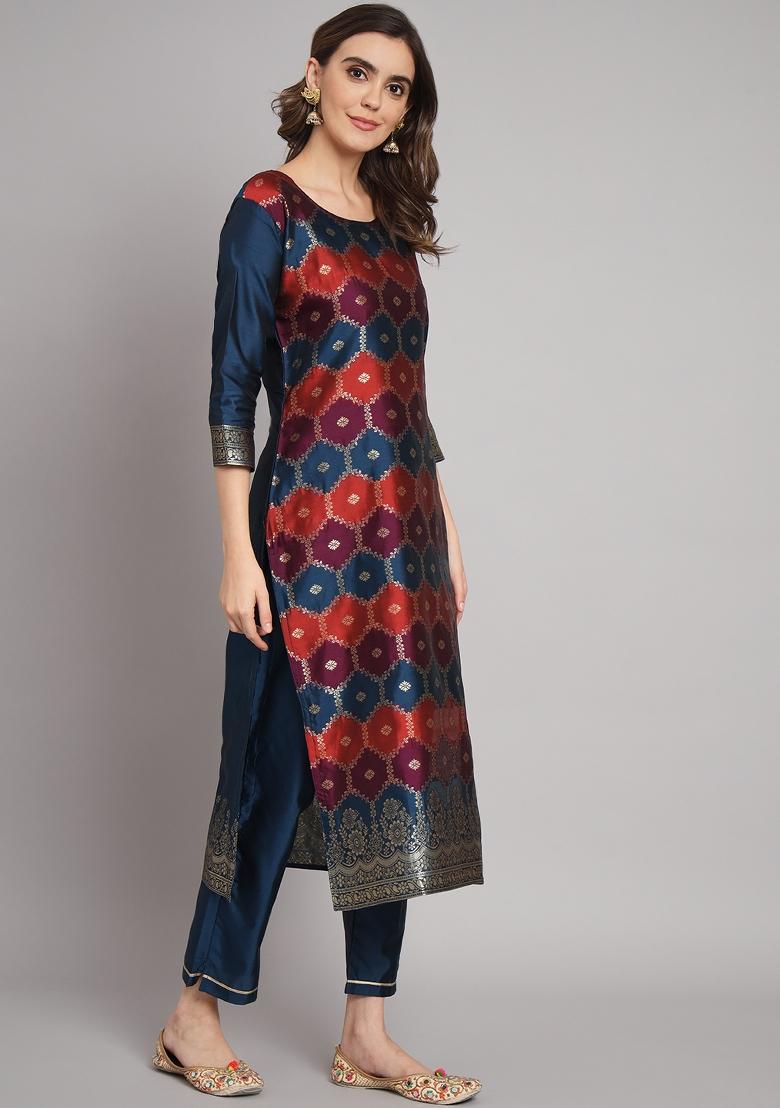 Blue Woven Cotton Blend Salwar Kameez With Dupatta