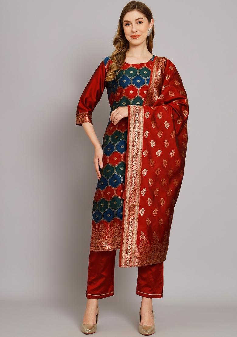 Maroon Woven Cotton Blend Salwar Kameez With Dupatta
