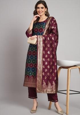 Purple Woven Cotton Blend Salwar Kameez With Dupatta