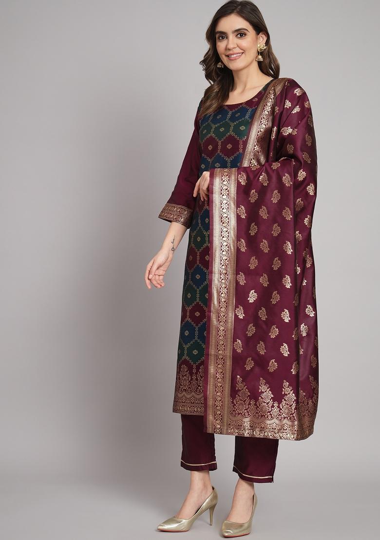 Purple Woven Cotton Blend Salwar Kameez With Dupatta