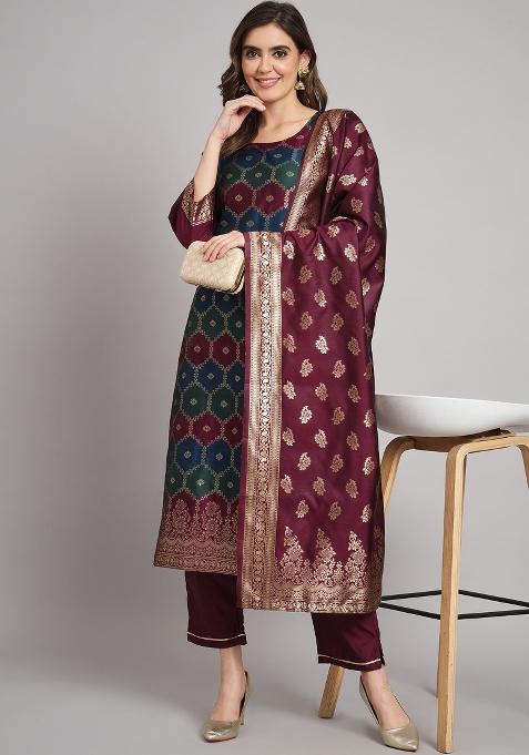 Purple Woven Cotton Blend Salwar Kameez With Dupatta