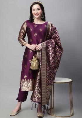 Purple Woven Cotton Blend Salwar Kameez With Dupatta