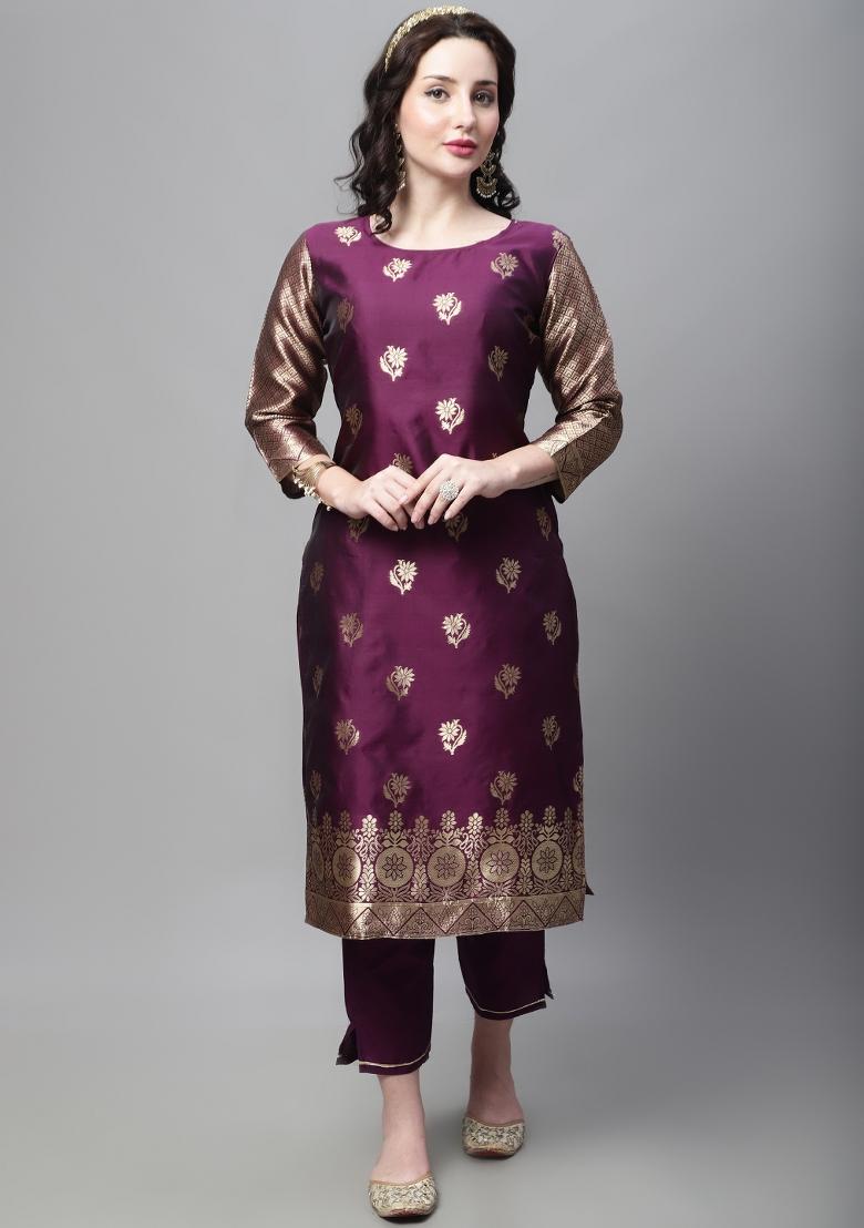 Purple Woven Cotton Blend Salwar Kameez With Dupatta