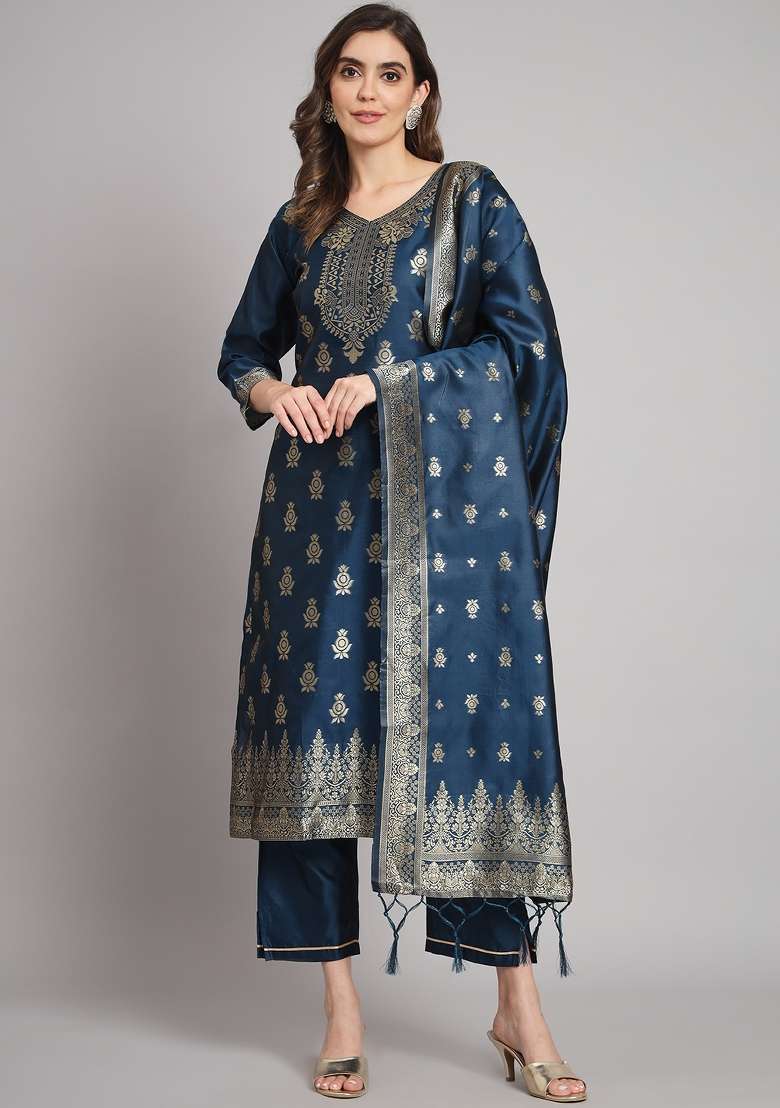Blue Zari Work Cotton Straight Kurta Set - Indya