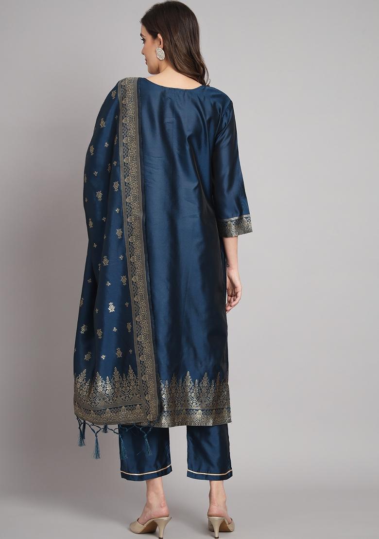 Blue Woven Cotton Blend Salwar Kameez With Dupatta