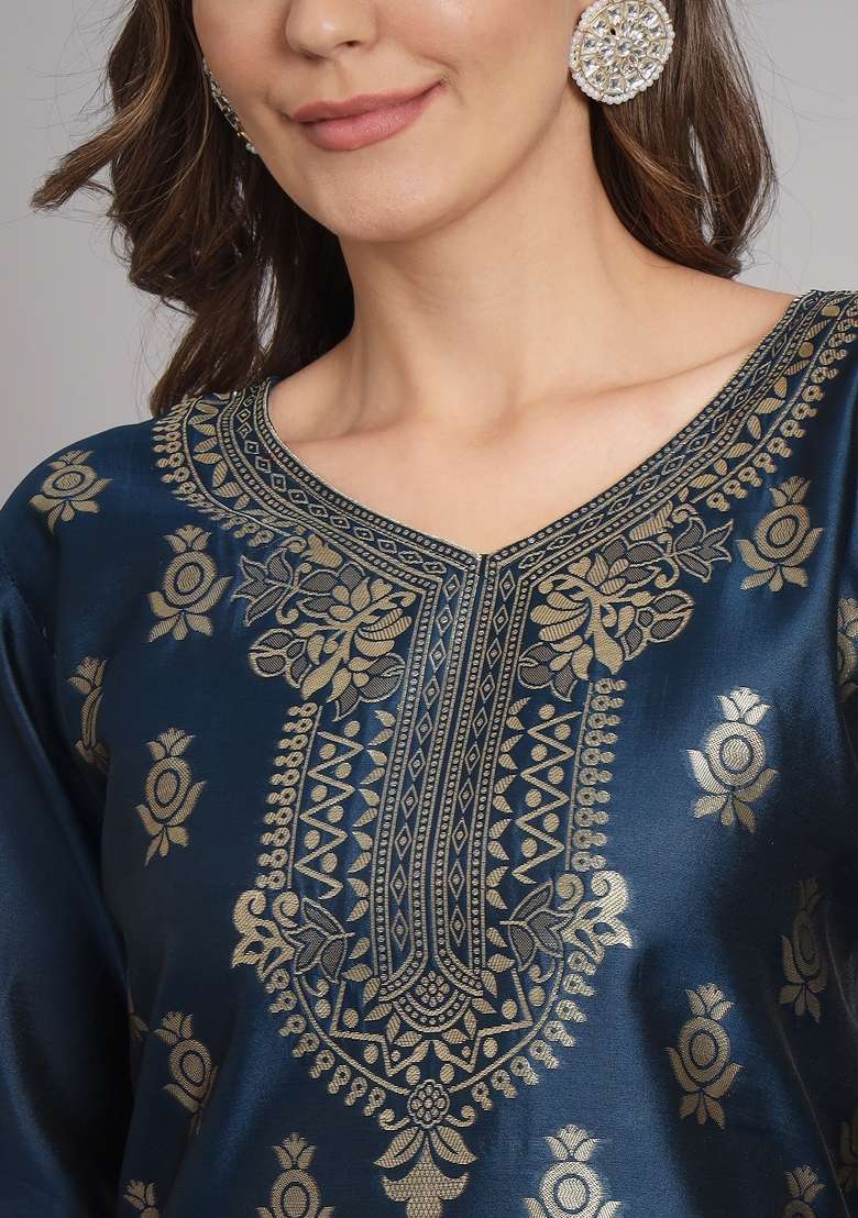 Blue Zari Work Cotton Straight Kurta Set - Indya