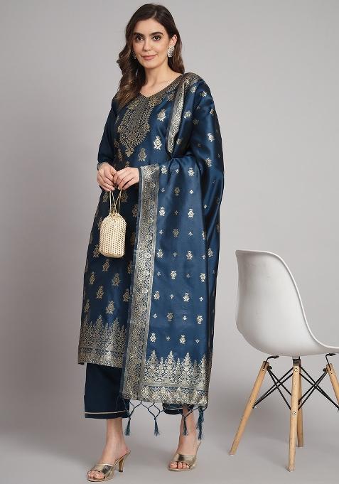 Blue Woven Cotton Blend Salwar Kameez With Dupatta