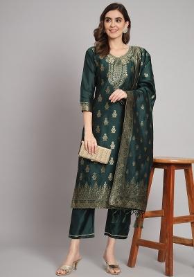 Green Woven Cotton Blend Salwar Kameez With Dupatta