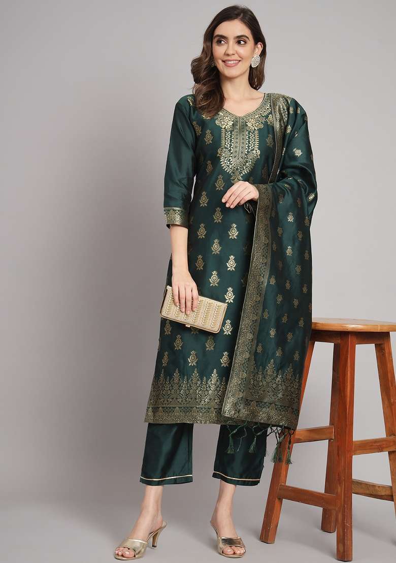 Green Printed Cotton Straight Kurta Set - Indya