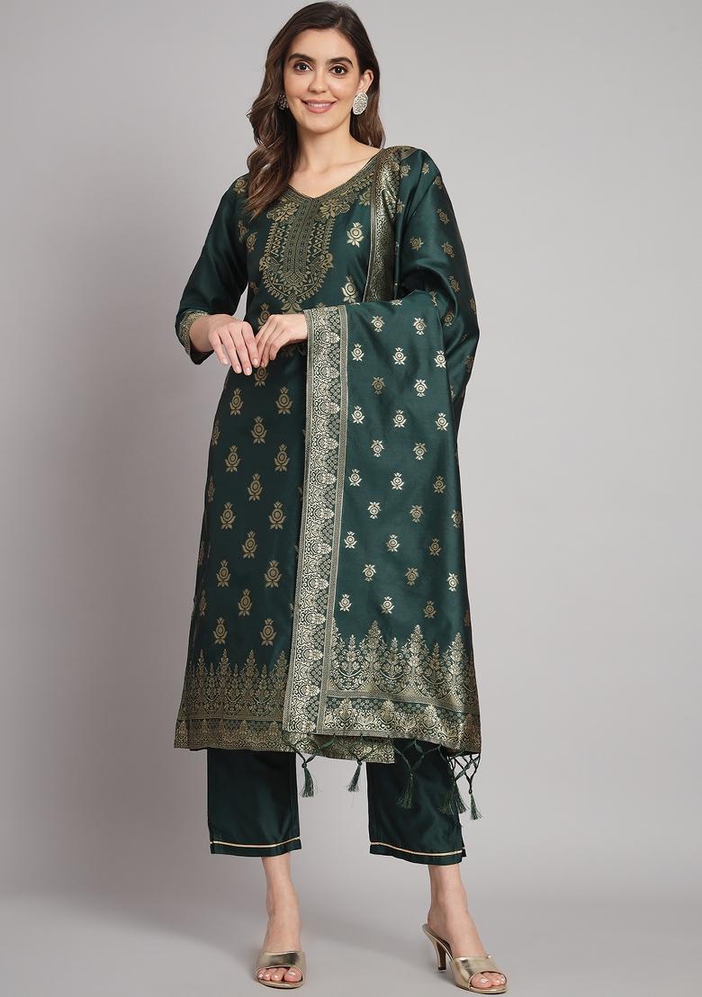 Green Woven Cotton Blend Salwar Kameez With Dupatta