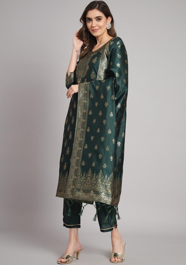 Green Woven Cotton Blend Salwar Kameez With Dupatta