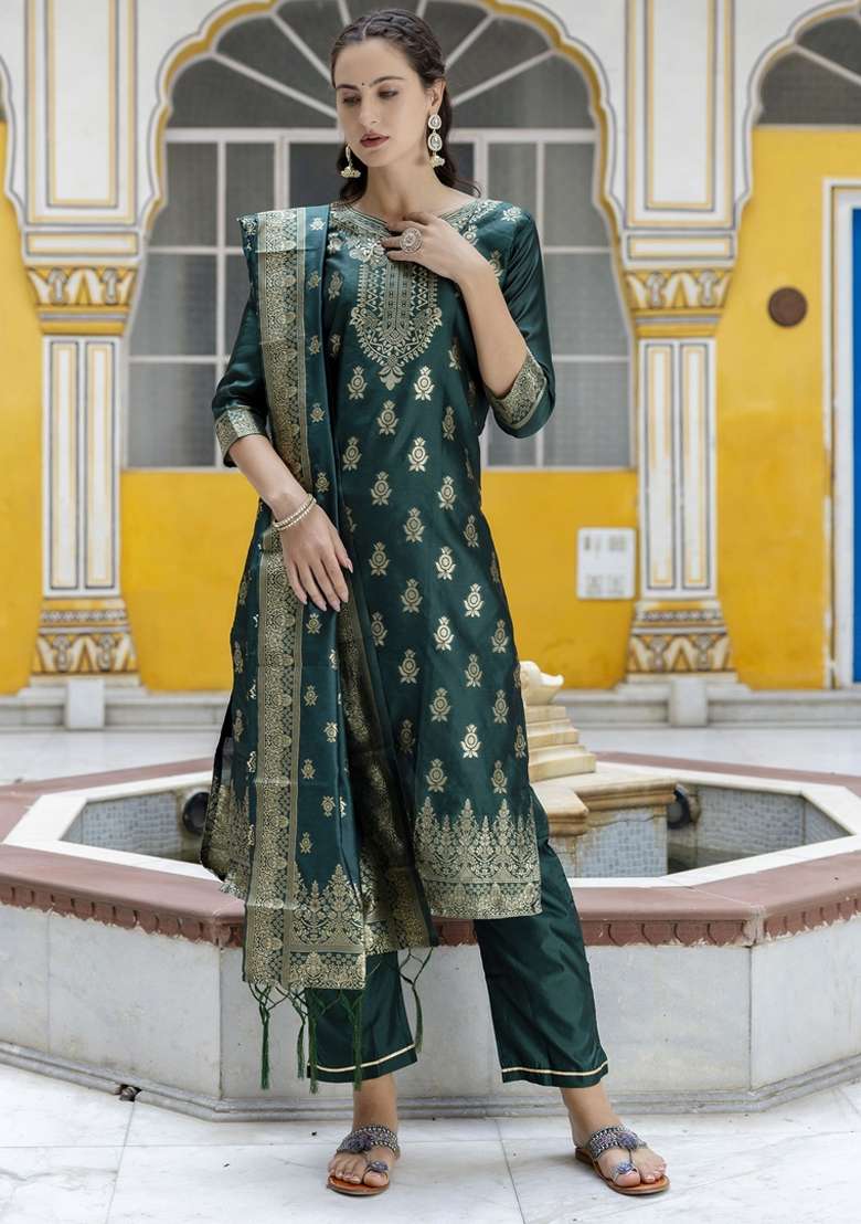 Green Jacquard Cotton Straight Kurta Set - Indya