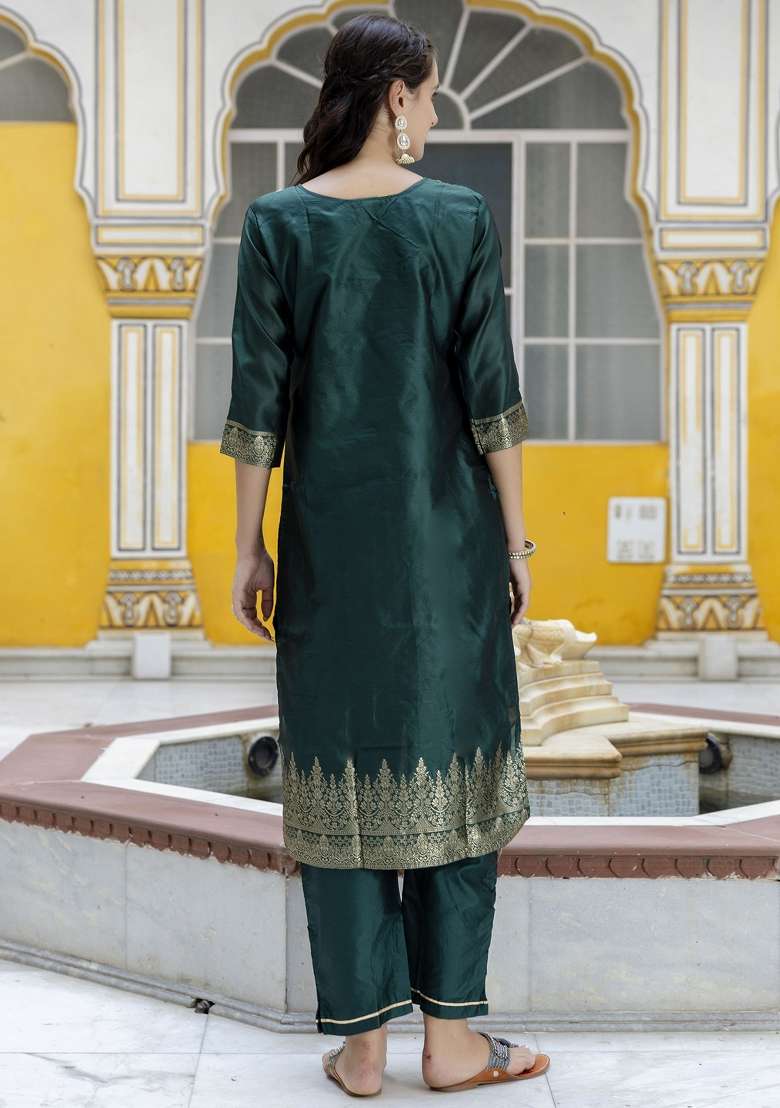 Green Jacquard Cotton Straight Kurta Set - Indya
