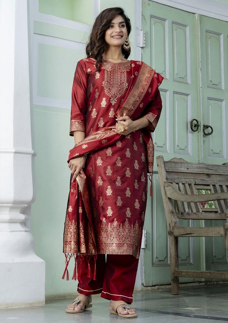 Maroon Woven Cotton Blend Salwar Kameez With Dupatta