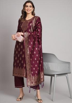 Purple Woven Cotton Blend Salwar Kameez With Dupatta