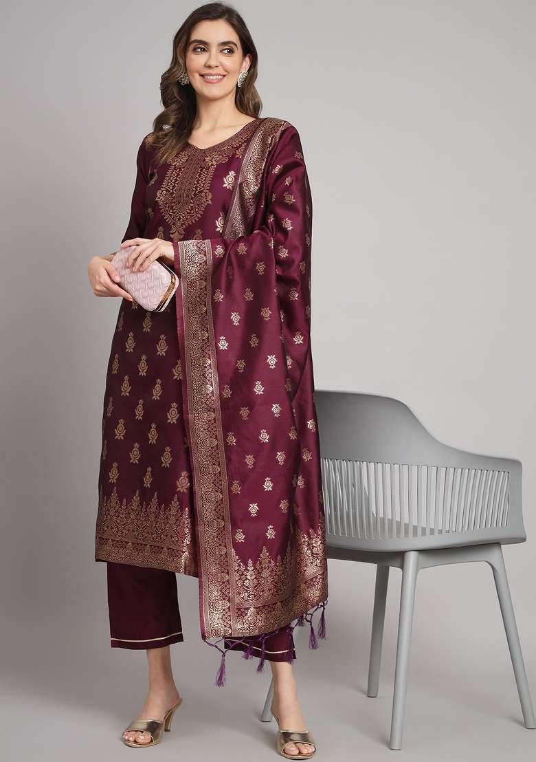 Purple Woven Cotton Blend Salwar Kameez With Dupatta - Indya