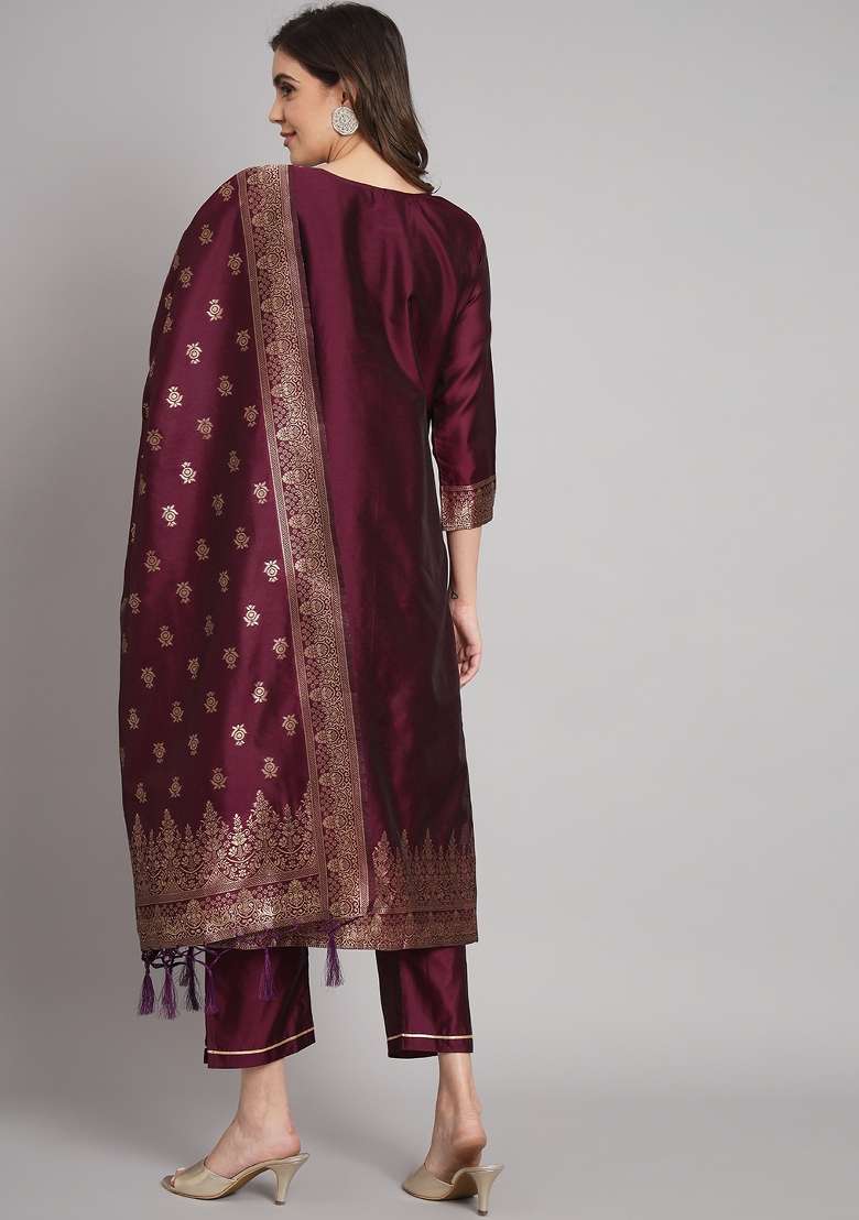 Purple Woven Cotton Blend Salwar Kameez With Dupatta - Indya
