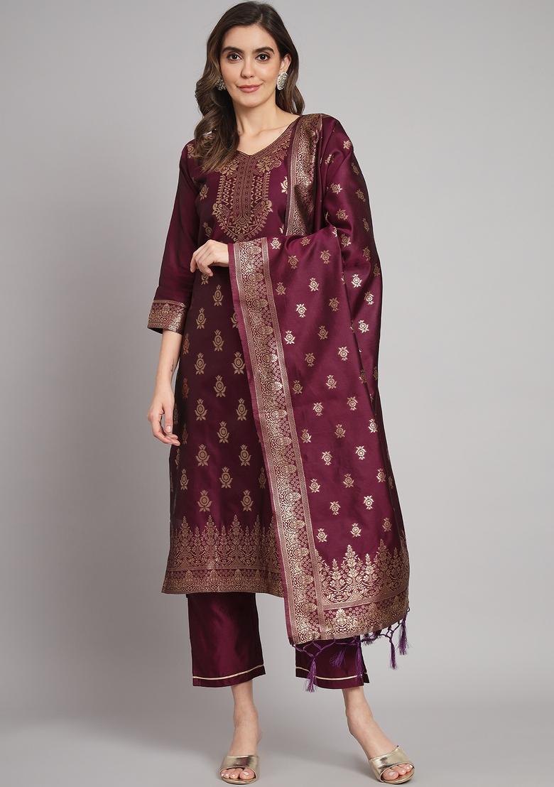 Purple Woven Cotton Blend Salwar Kameez With Dupatta