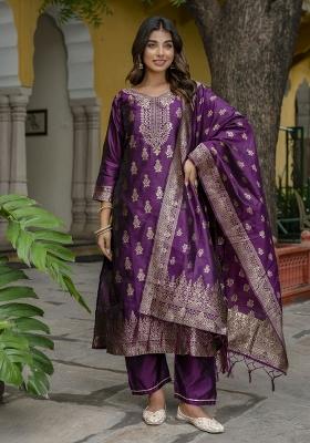 Purple Woven Cotton Blend Salwar Kameez With Dupatta