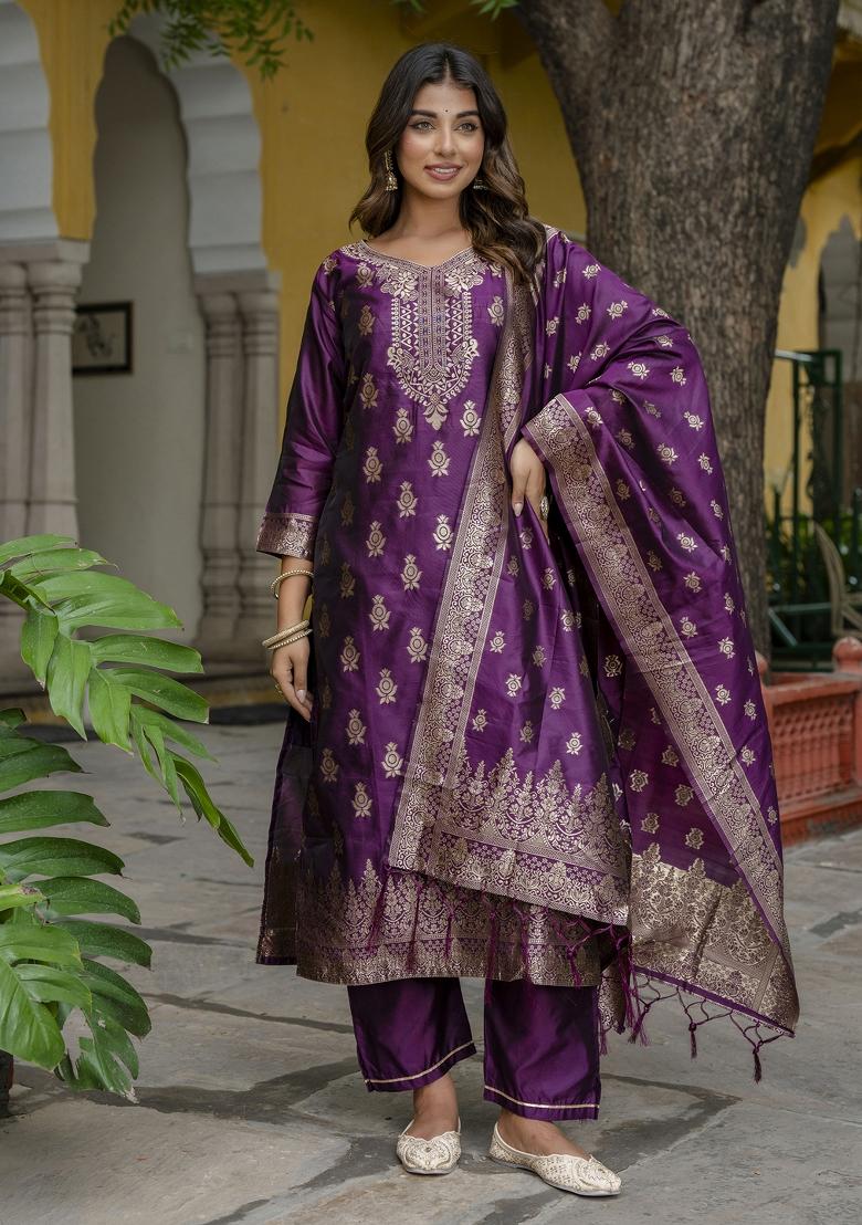 Purple Woven Cotton Blend Salwar Kameez With Dupatta