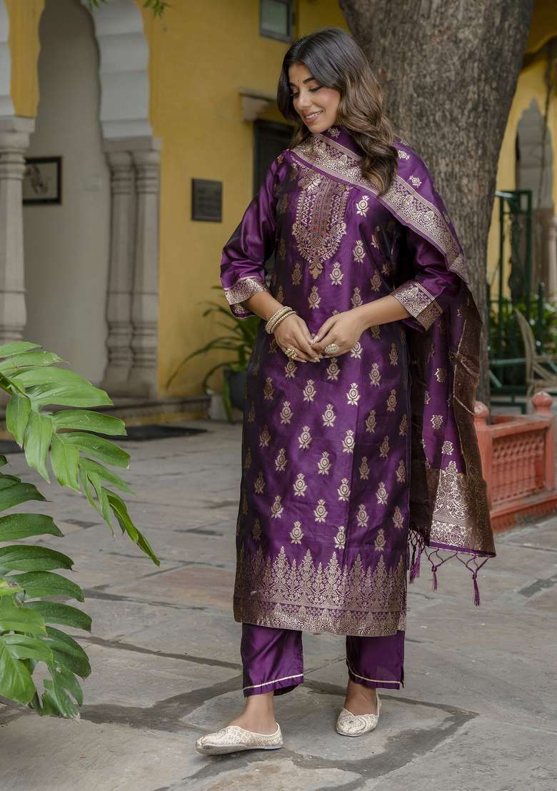 Purple Woven Cotton Blend Salwar Kameez With Dupatta - Indya