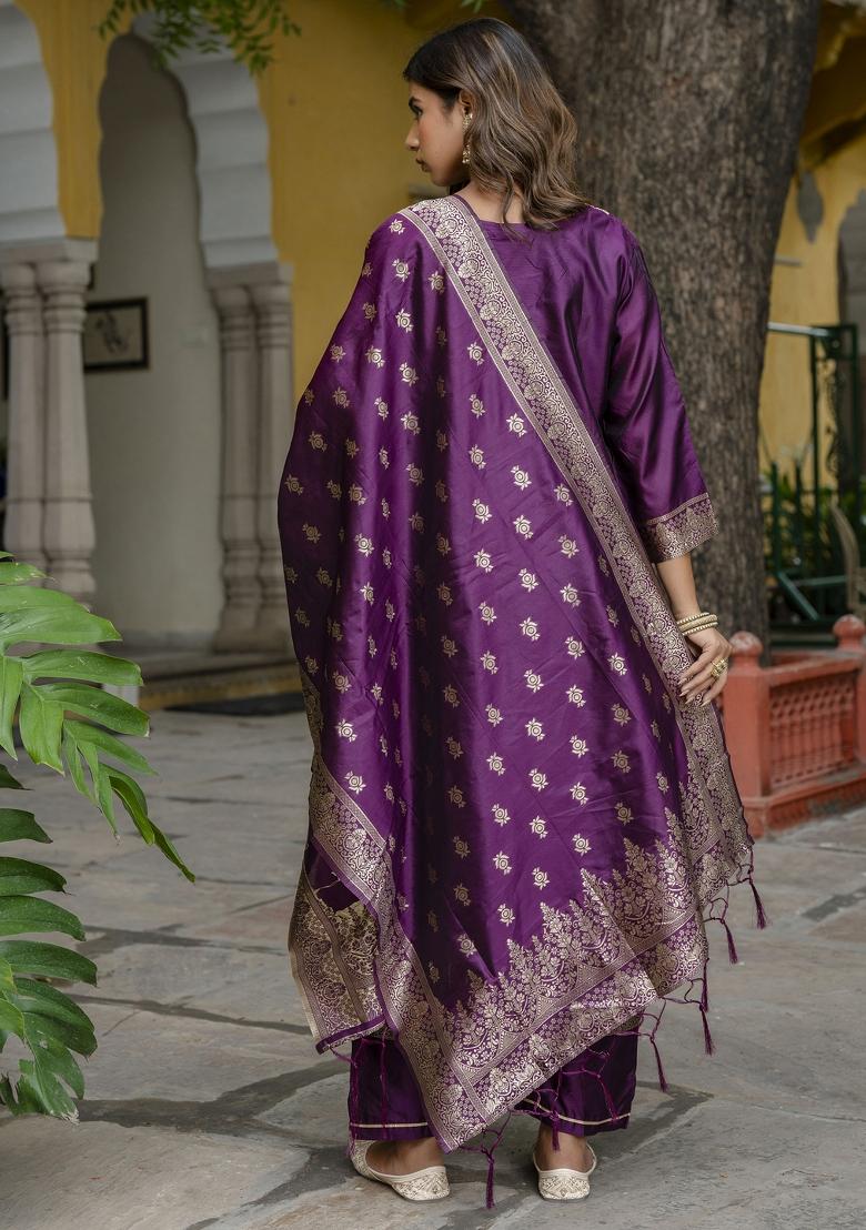 Purple Woven Cotton Blend Salwar Kameez With Dupatta