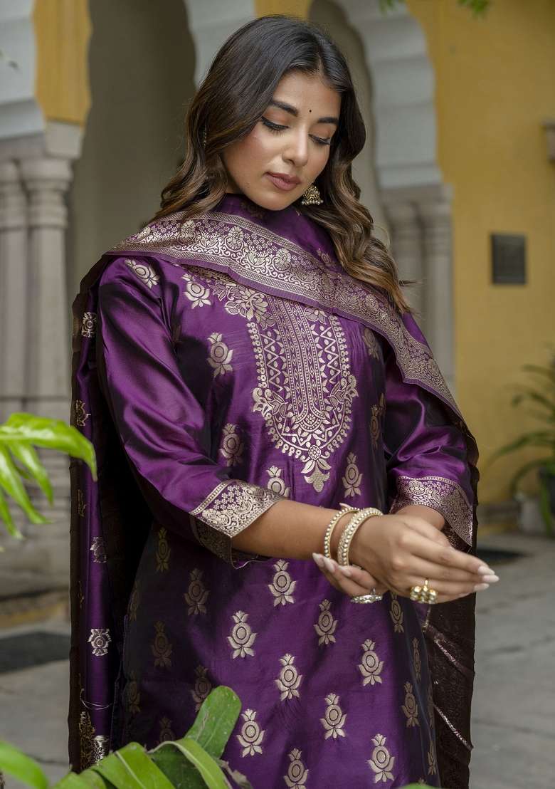 Purple Woven Cotton Blend Salwar Kameez With Dupatta - Indya