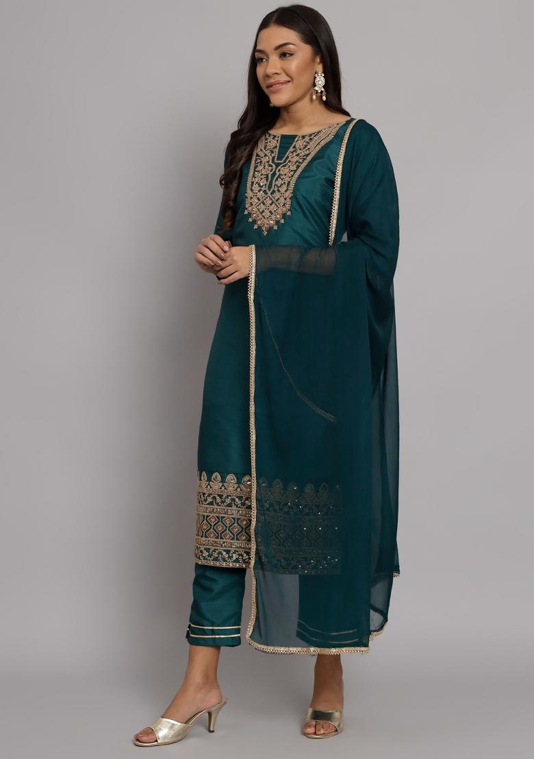 Green Embroidered Silk Blend Salwar Kameez With Dupatta