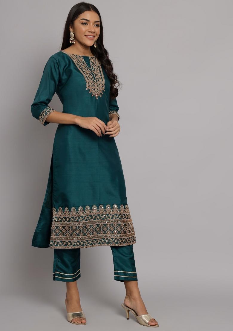 Green Embroidered Silk Blend Salwar Kameez With Dupatta
