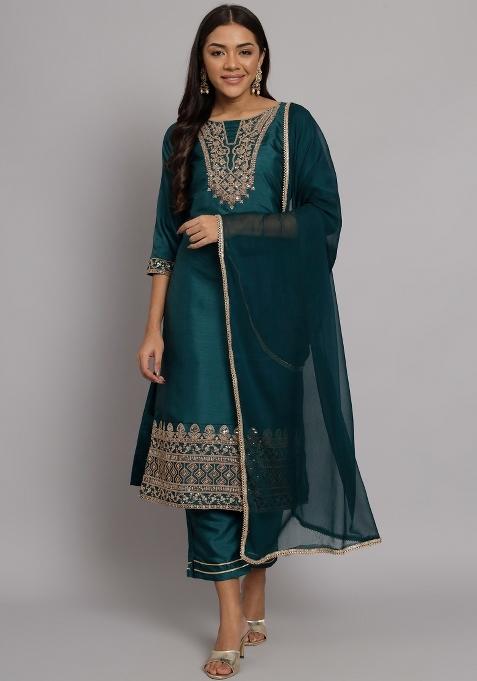Green Embroidered Silk Blend Salwar Kameez With Dupatta