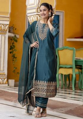 Green Embroidered Silk Blend Salwar Kameez With Dupatta