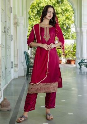 Maroon Embroidered Silk Blend Salwar Kameez With Dupatta