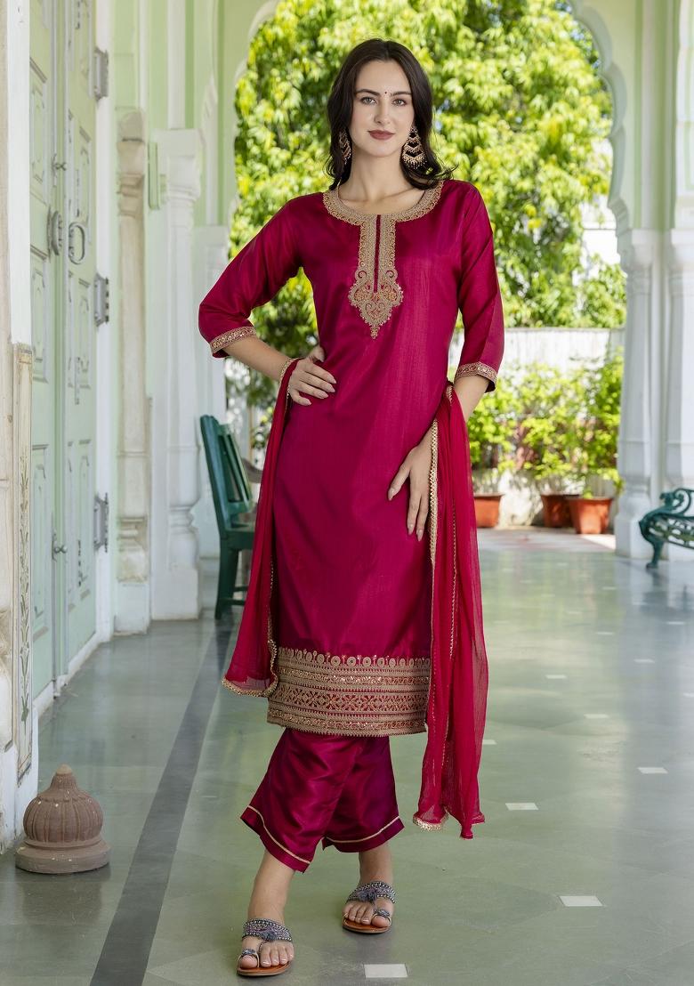 Maroon Embroidered Silk Blend Salwar Kameez With Dupatta